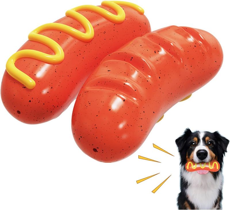 Photo 1 of Dog Toys for Aggressive Chewers Indestructible Squeaky Dog Chew Toys Chewy Hot Dog Teeth Cleaning Toy Interactive Puppy Toys for Boredom and Stimulating Pet Dental Toys for Small/Medium/Large Dogs
