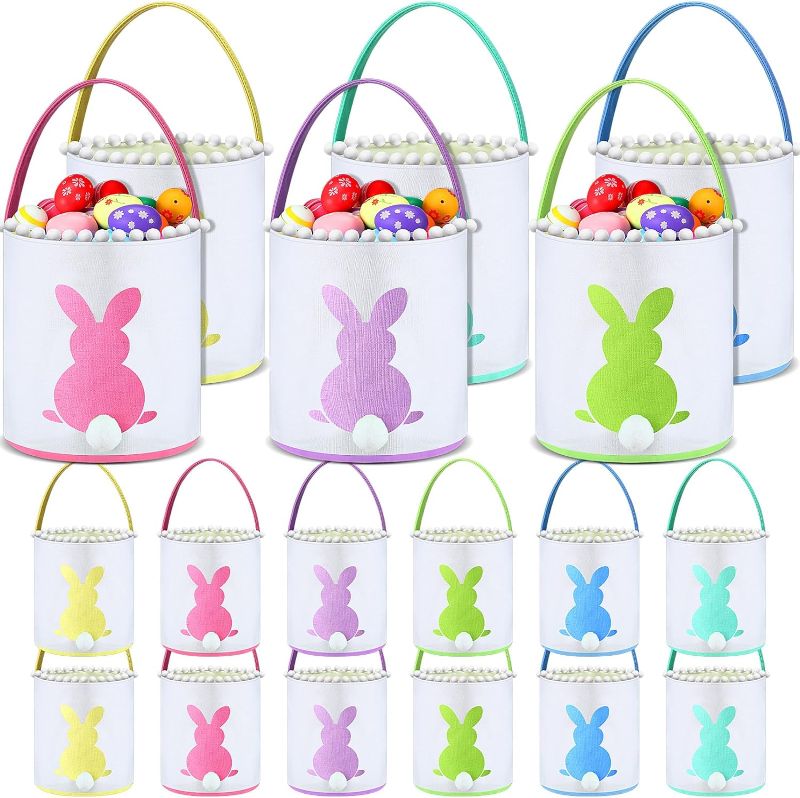 Photo 1 of 18 Pcs Easter Bunny Baskets for Kids Rabbit Easter Buckets with Handle Easter Egg Hunt Basket Tote Gifts Bags with Fluffy Tail for Spring Happy Easter Party Favor Decorations (Cute)