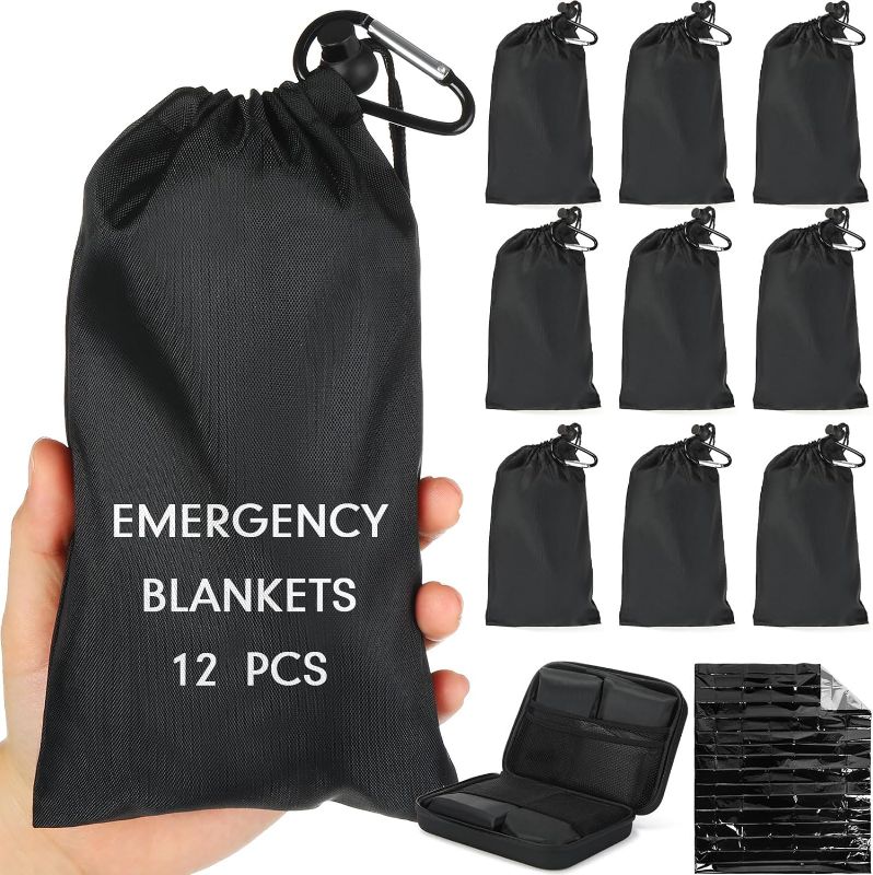 Photo 1 of 12 Pcs Outdoor Camping Emergency Blankets Extra Large Foil Thermal Blanket Survival Blanket with Storage Pouches, Buckles, Waterproof EVA Case for Camping, Hiking, Emergency Setting, Car Use, Black