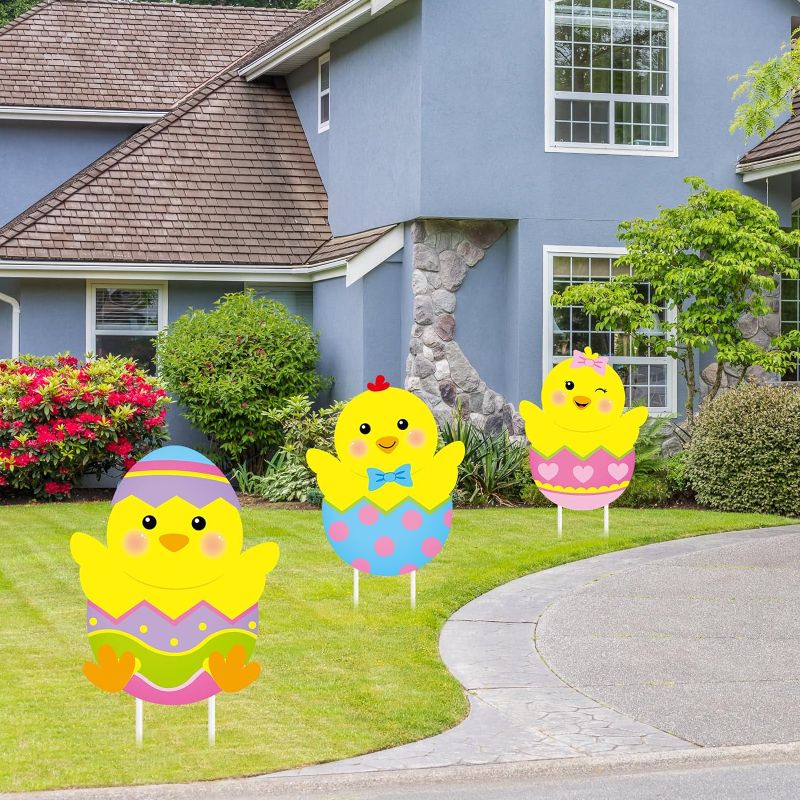 Photo 1 of 3 Pack Metal Easter Yard Signs Decor Outdoor Metal Spring Easter Yard Signs with Stakes Easter Yard Signs for Easter Outdoor Garden Lawn Pathway Decoration(Chicken)