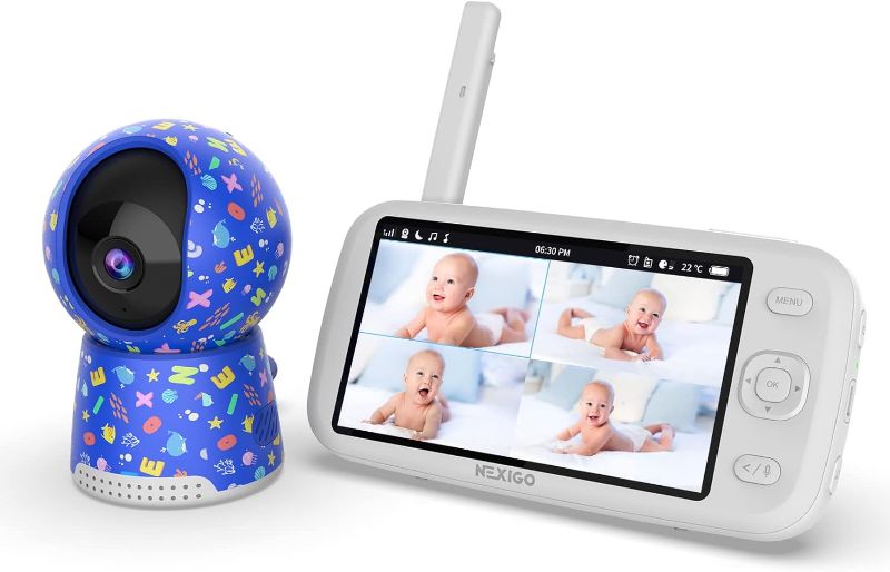 Photo 1 of NexiGo Video Baby Monitor with Camera and Audio, 5 Inch Split IPS Screen, Support Up to 4 Cameras, 2-Way Audio, Pan-Tilt-Zoom, 4800mAh Battery, Temperature Detection, Night Vision, Lullaby (Blue)
