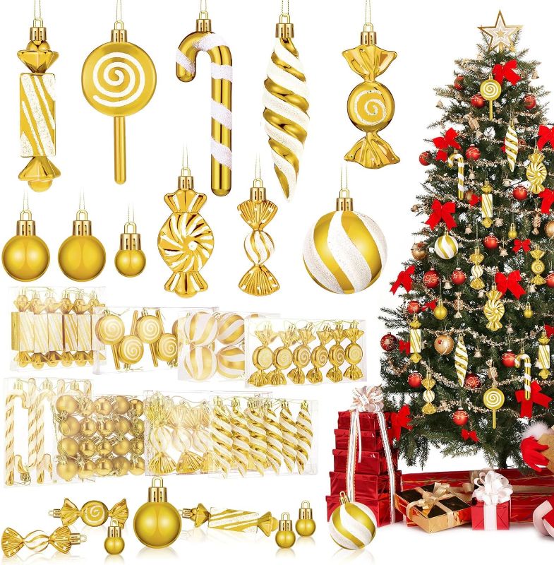 Photo 1 of 
96 Pcs 10 Style Christmas Candy Lollipop Ornament Set Vibrant Candy Cane Ornament Xmas Hanging Lollipop Pattern Decorations with Rope for Xmas Holiday Festival Photo Booth Prop (Gold Style)