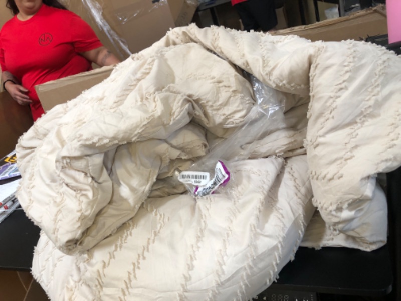 Photo 2 of Litanika Queen Comforter Set Beige, 3 Pieces Boho Chevron Tufted Bedding Comforter Set, All Season Bed Set (90x90In Comforter and 2 Pillowcases) Queen (90"x90") Beige