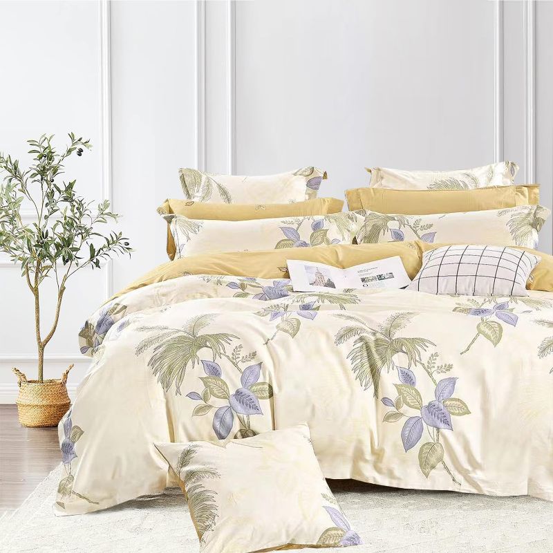 Photo 1 of 100% Natural Cotton 3pcs Floral Comforter Sets Queen Size-Yellow Comforter with Luxurious Botanical Green & Lavende Colored Leaves on Cream, Reversible Lightweight Bedding Sets(Queen)
