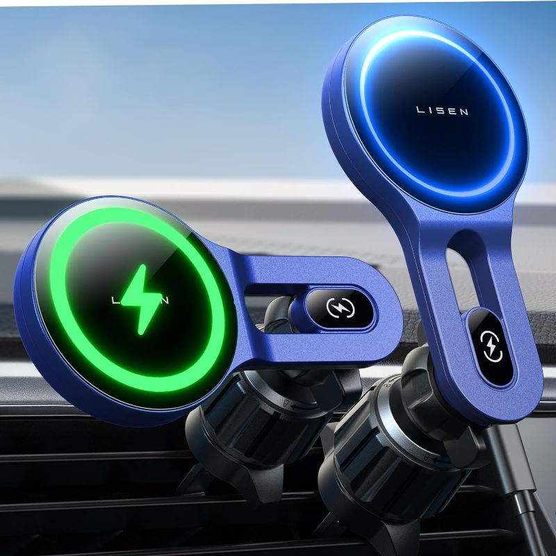 Photo 1 of LISEN for MagSafe Car Mount Charger for iPhone 15, 15W Wireless Charger for iPhone Car Accessories Magnetic Phone Holder Mount, Vent Car Charger Fits iPhone 15 Pro Max Plus Mini 14 13 12, Blue

