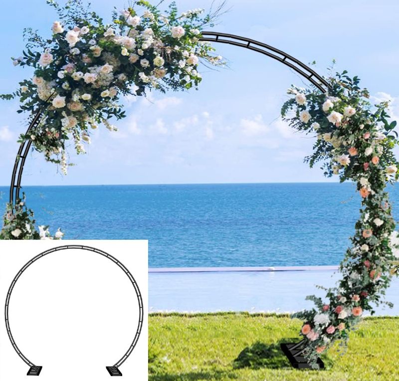 Photo 1 of Queension Extra Large Wedding Arch for Ceremony 8.5Ft Wide 7.4Ft High, Metal Balloon Arches Backdrop Stand with Base for Party Supplies, Outdoor Garden Trellis for Climbing Plant, Round Frame, Black
