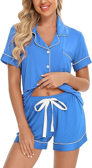 Photo 1 of Anjue Women Pajamas Set Bride Pajamas Short Sleeve Sleepwear Button Down Lounge Sets Nightwear Soft Pjs with Pockets small