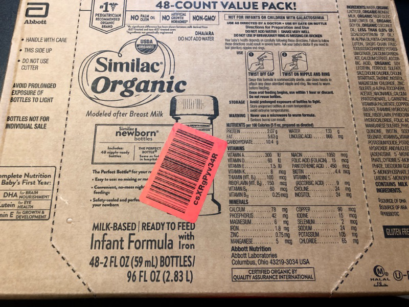 Photo 2 of Exp 6/24 Similac® Organic Infant Formula* with Iron, Certified USDA Organic, Baby Formula, 2-fl-oz Ready-to-Feed Bottle (Case of 48)
