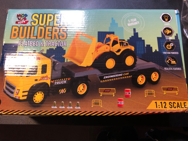 Photo 2 of MOBIUS Toys Flatbed Truck with Excavator Tractor Toy - 1:12 Scale, Push and Go Construction Vehicle Playset, Lights & Sounds for Kids, Toddlers, Boys, & Girls Ages 3 4 5 Years Old Flatbed Truck With Tractor