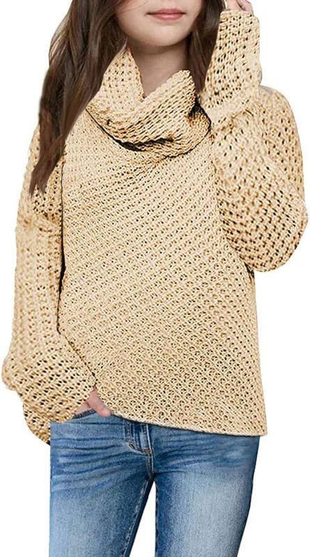 Photo 1 of 5-6 years Haloumoning Girls Sweaters Button Turtle Cowl Neck Asymmetric Hem Wrap Pullover Sweaters for Girls
