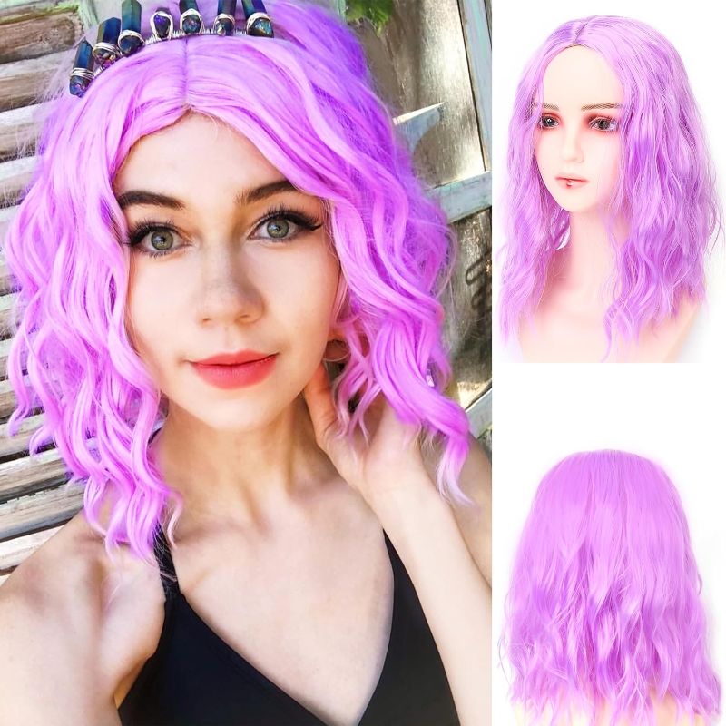 Photo 1 of 14 Inches Purple Human Hair Wigs for Women Natural Look Wavy Bob Wig Perfect Synthetic Short Bob Curly Cosplay Wig for Girls Purple
