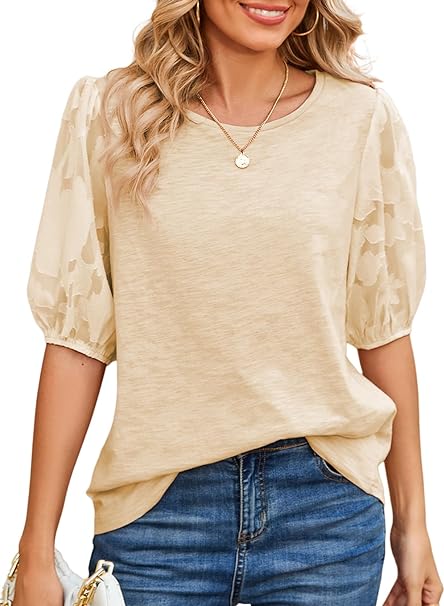 Photo 1 of Medium BLENCOT Women Puff Sleeve Summer T Shirt Top Casual Crewneck Tunic Shirt Loose Fit Tops S-XXL
