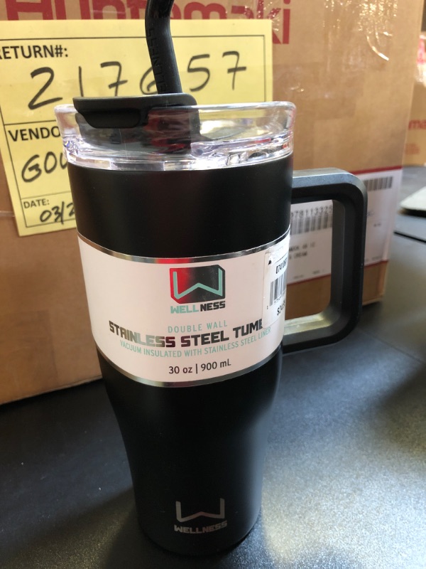 Photo 1 of 30oz. Double Wall Stainless Steel Tumbler W/ Handle - Black
DENTED ON OUTSIDE BUT NOT INSIDE, INSIDE STILL NEW.a