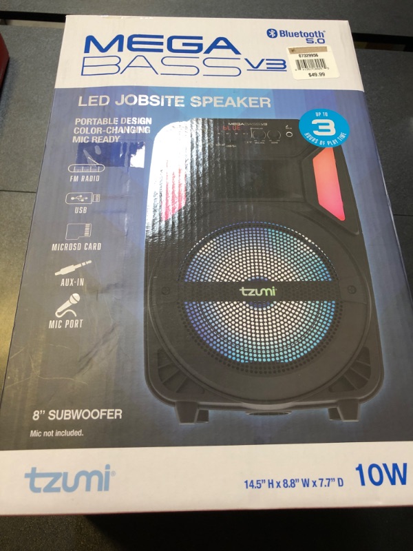 Photo 2 of Tzumi Megabass Jobsite Speaker V3 Bluetooth Karaoke LED - Black
