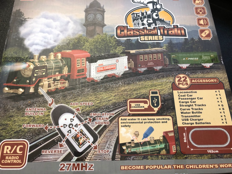 Photo 2 of FANL Electric Christmas Train Set - Steam Locomotive Engine, Cargo Cars, Tracks - Rechargeable Toy Train Gift for Kids Age 3-6+ Red Retro Train Set