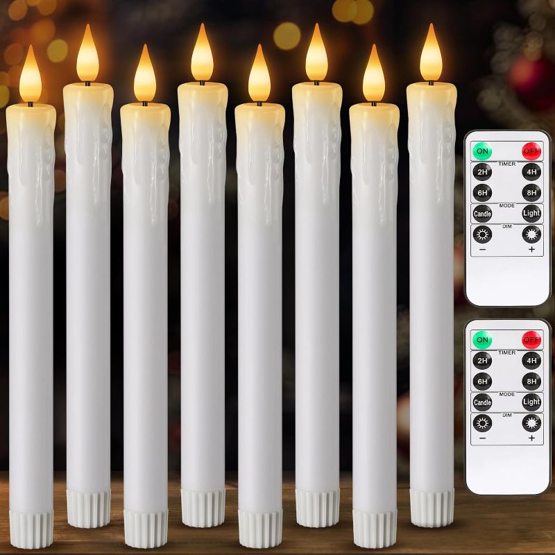 Photo 1 of 8Pcs Real Wax Flameless Taper Candles With 2 Remote & Timer Battery Operated Candles Flameless Candles 3D Wick Flickering LED Candles Light For Holiday Home Wedding Christmas Decorations (White 9.5'')
