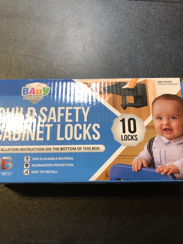 Photo 2 of Cabinet Locks for Babies - Child Safety Latches 10 Pack - Invisible Adhesive Baby Proofing Drawer Locks - Works with Most Cabinets and Drawers - No Drilling Installation - (Black)