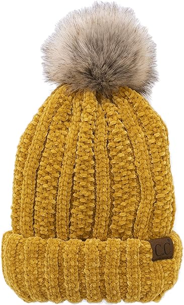 Photo 1 of C.C Thick Cable Knit Faux Fuzzy Fur Pom Fleece Lined Skull Cap Cuff Beanie
