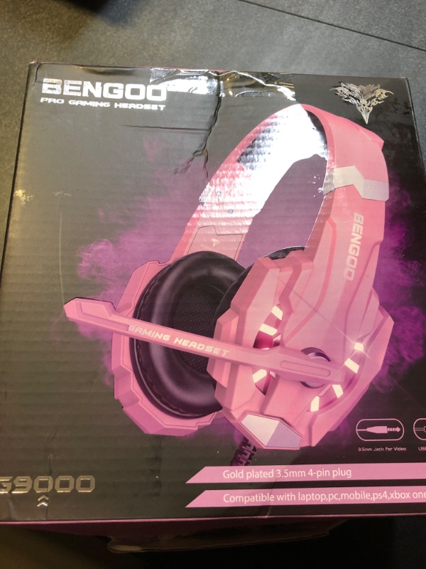 Photo 2 of BENGOO G9000 Professional Gaming Headset for PS4, PC, Xbox One Controller, Noise Cancelling Over Ear Headphones with Mic, LED Light, Bass Surround, Soft Memory Earmuffs for Laptop Nintendo - Pink