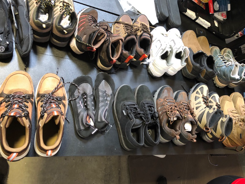 Photo 1 of hiking camping shoes mystery box lot shoes are USED sizing color and styles do vary no return or exchanges some are stained some are worn  