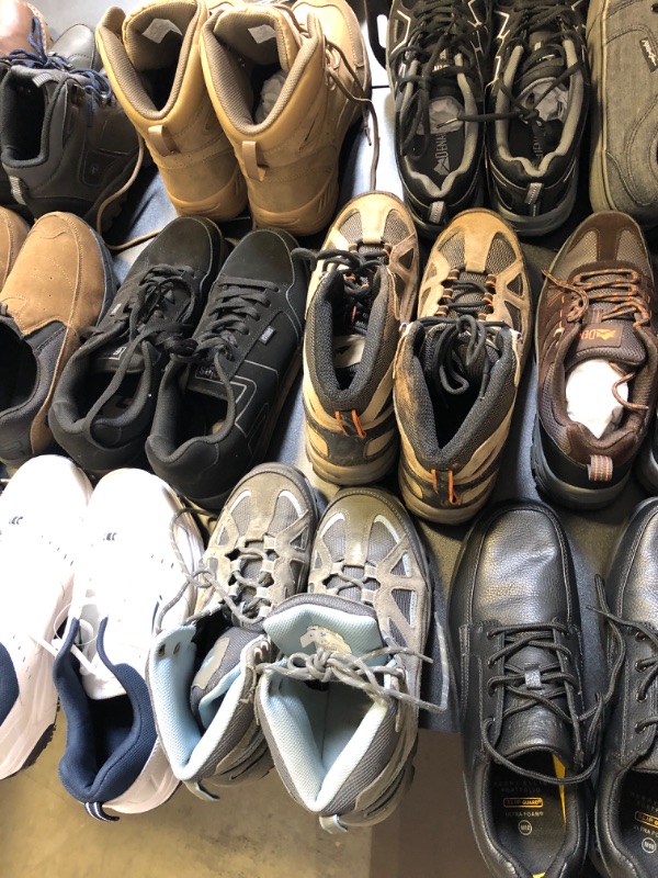 Photo 4 of BOX LOT FILLED WITH SHOES USED ALL DIFFERENT STYLES COLORS AND SIZES VARY ON EACH ITEM NO RETURNS OR EXCHANGES   WORK BOOTS HIKINH SHOES RUNNING SHOES SNOW WHITE BLACK BROWN 