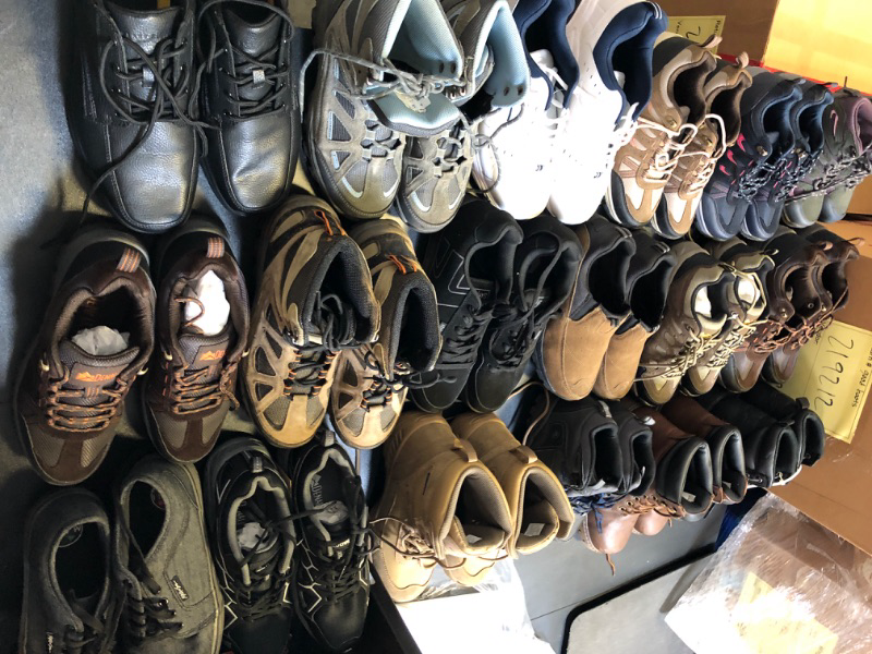 Photo 1 of BOX LOT FILLED WITH SHOES USED ALL DIFFERENT STYLES COLORS AND SIZES VARY ON EACH ITEM NO RETURNS OR EXCHANGES   WORK BOOTS HIKINH SHOES RUNNING SHOES SNOW WHITE BLACK BROWN 