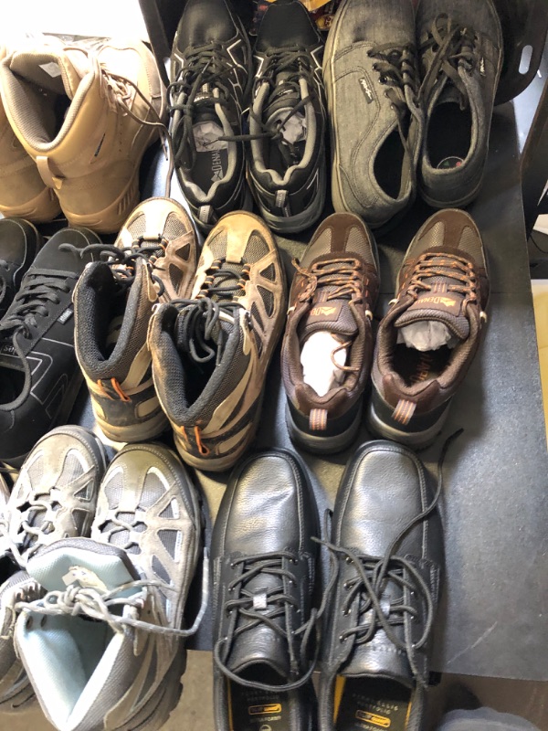Photo 5 of BOX LOT FILLED WITH SHOES USED ALL DIFFERENT STYLES COLORS AND SIZES VARY ON EACH ITEM NO RETURNS OR EXCHANGES   WORK BOOTS HIKINH SHOES RUNNING SHOES SNOW WHITE BLACK BROWN 