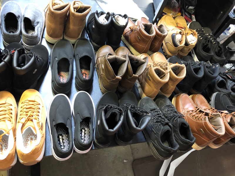 Photo 1 of BOX LOT FILLED WITHSHOES USED ALL DIFFERENT STYLES COLORS AND SIZES VARY ON EACH ITEM NO RETURNS OR EXCHANGES   WORK BOOTS B;ACL 