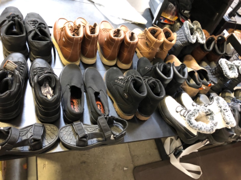 Photo 1 of BOX LOT FILLED WITHSHOES USED ALL DIFFERENT STYLES COLORS AND SIZES VARY ON EACH ITEM NO RETURNS OR EXCHANGES   WORK BOOTS WINTER BOOTS HIKINH SHOES ETC 
