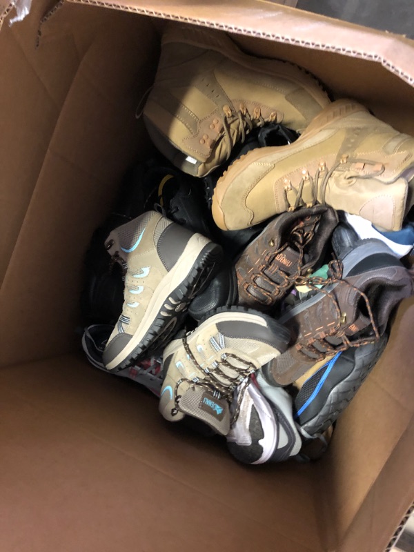 Photo 1 of MYSTERY BOX LOT FILLED WITH RANDOM SHOES ALL DIFFERENT STYLES AND COLORS VARY AS WELL AS SIZING NO RETURNS OR EXCHANGES WORK BOOTS WINTER BOOTS HIKING 