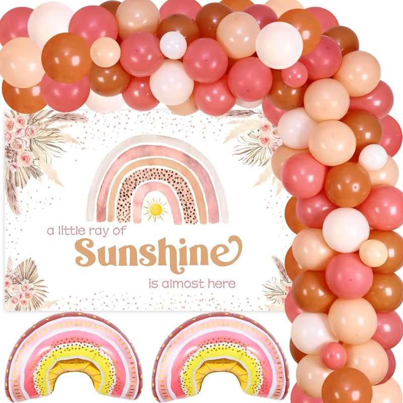 Photo 1 of Boho Rainbow Baby Shower Decorations for Girl, A Little Ray of Sunshine is Almost Here Floral Backdrop Pink Cacao Balloon Garland Arch Kit Pregnancy Announcement Party Supplies
