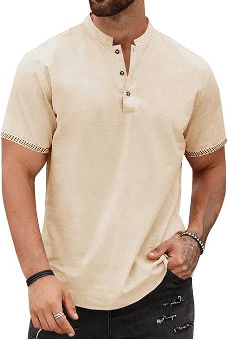 Photo 1 of XL Runcati Men's Short Sleeve Linen Henley Shirt Casual Band Collar Summer Beach Hippie Shirts
