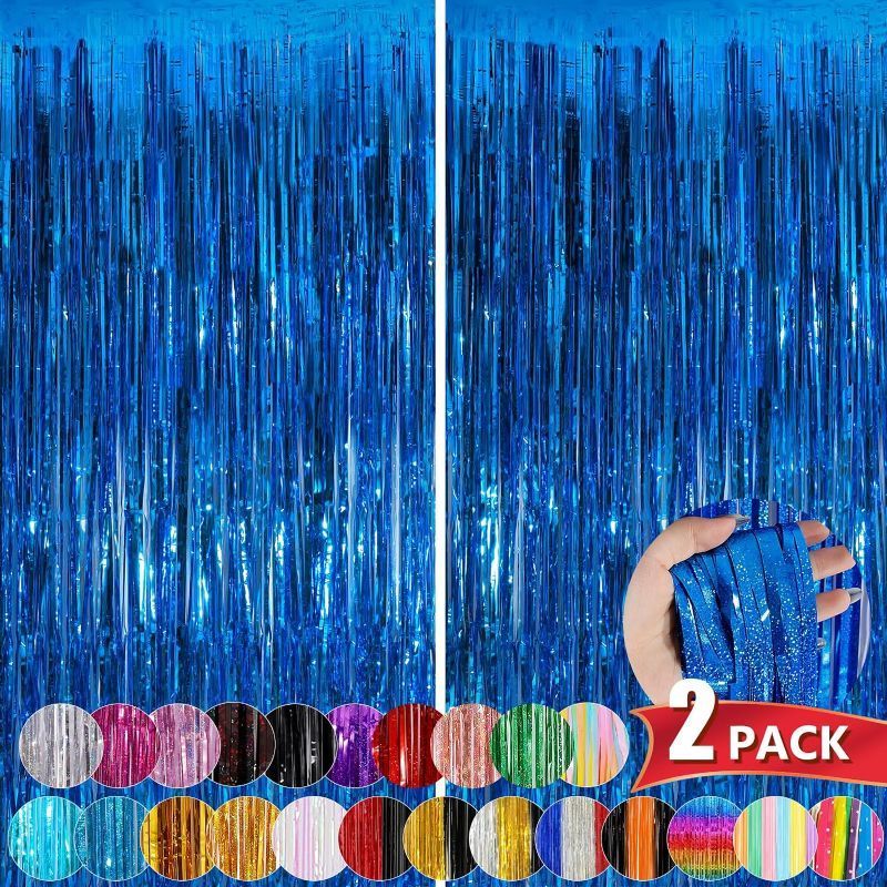 Photo 1 of Blue Fringe Curtain Party Decorations 2 Pack, Foil Fringe Backdrop Curtains for Birthday Wedding Bridal Shower Holiday Party Decor, Door Streamers
