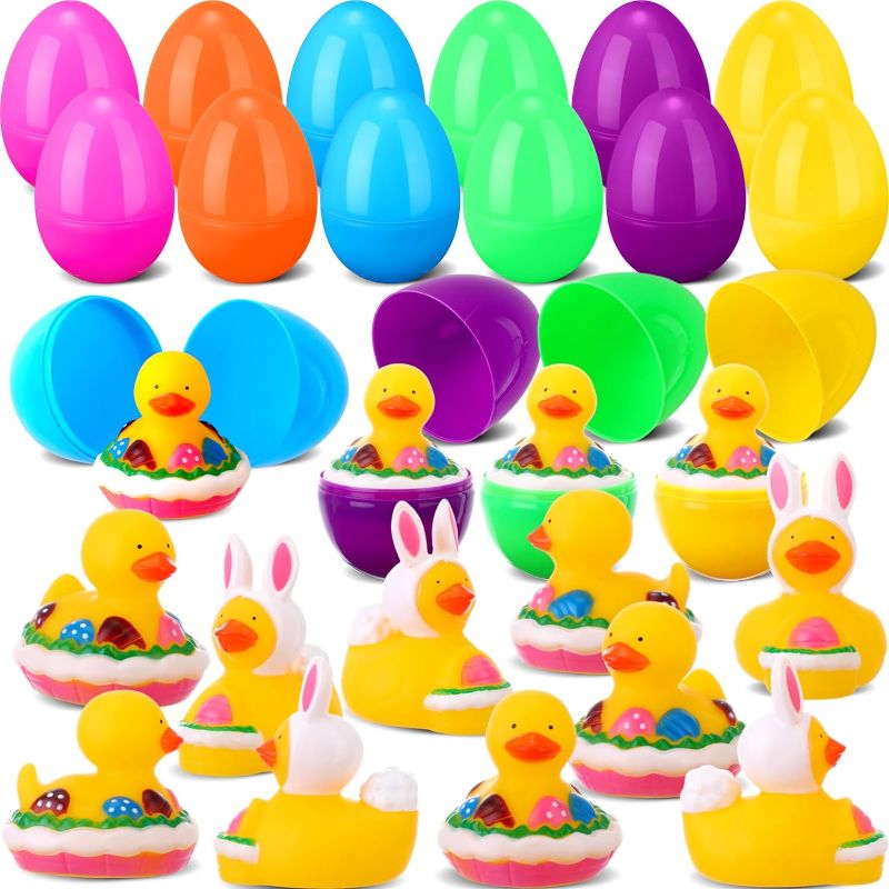 Photo 1 of 24 Pcs Easter Eggs with Rubber Duck Multicolour Rabbit Duckies Toys Bright Colorful Easter Eggs for Boys and Girls Basket Stuffers Party Favors and Rewards Gifts
