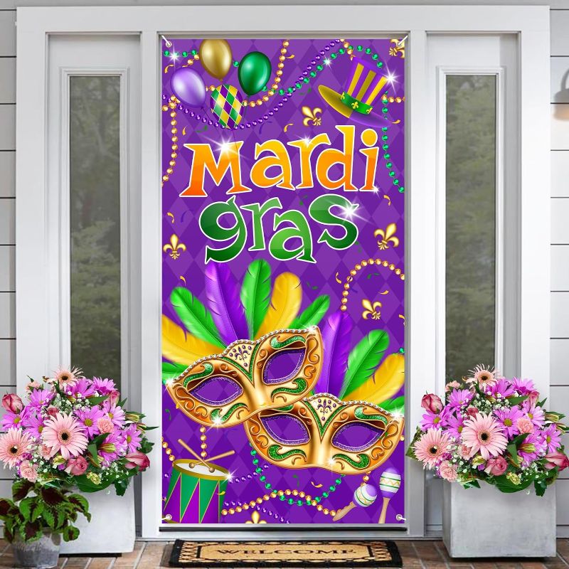 Photo 1 of Large Mardi Gras Door Cover 6x2.9 Ft Masquerade Beads Fat Tuesday New Orleans Decorations Holiday Carnival Banner Decorations Hanging Backdrop for Indoor Outdoor Home Door Cover Party Supplies
