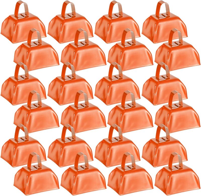 Photo 1 of 24 Pcs Metal Cowbell with Handle Cow Bells Noise Makers for Sporting Events Small Cow Bell Loud Bells Noisemaker Call Bells for Wedding Cheering Football Games, 3 x 2.8 x 2.5 Inch (Orange)
