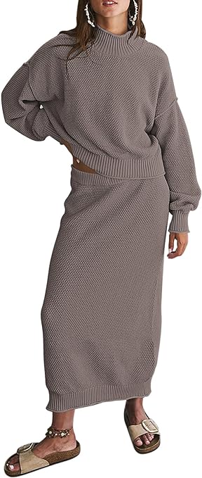 Photo 1 of Pink Queen Women's 2 Piece Sweater Set Outfits Long Sleeve Oversized Top Bodycon Maxi Long Skirt Knit Dresses
