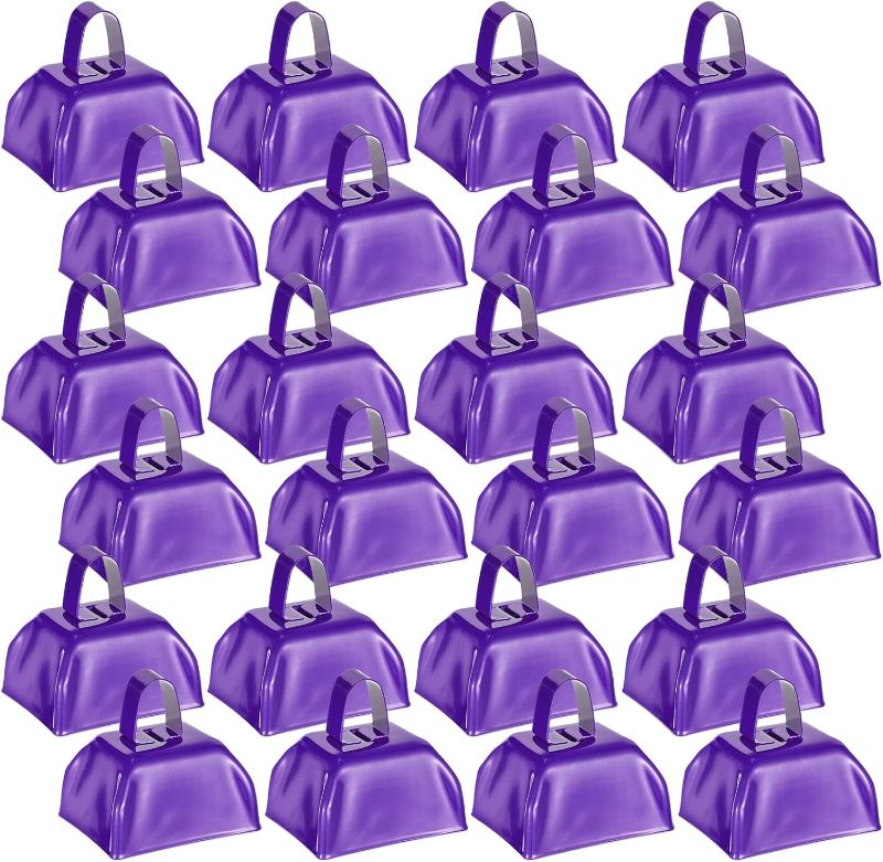 Photo 1 of 24 Pcs Metal Cowbell with Handle Cow Bells Noise Makers for Sporting Events Small Cow Bell Loud Bells Noisemaker Call Bells for Wedding Cheering Football Games, 3 x 2.8 x 2.5 Inch (Purple)
