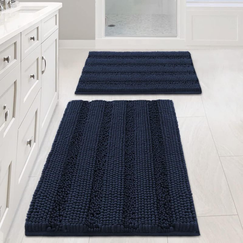 Photo 1 of H.VERSAILTEX Navy Blue Bathroom Rugs 2 Piece, Bath Mat Set Slip-Resistant Extra Absorbent Soft and Fluffy Striped Chenille Bath Rugs, Floor Mats Dry Fast Machine Washable (20" x 32"/17" x 24")
