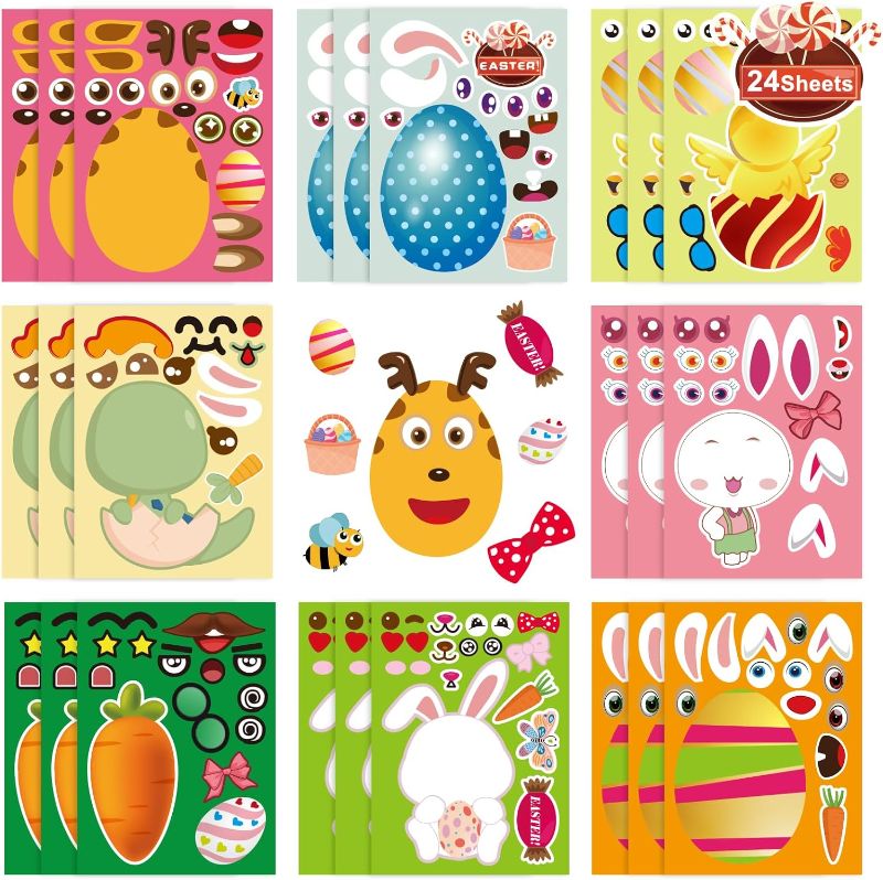 Photo 1 of 24 Sheets Easter Stickers - Make Your Own Stickers for Kids Toddlers, Make a Face Stickers with Easter Animal Colored Egg Easter Basket Stuffers, Easter Gift for Kids. Pack of 2
