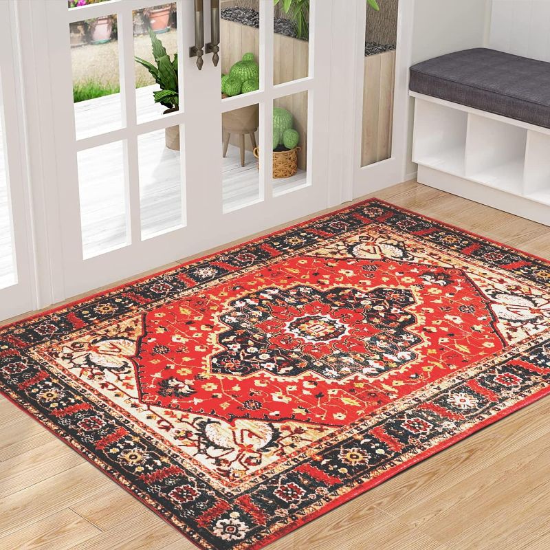 Photo 1 of Small Boho Area Rug 2'x3' Washable Entryway Rug Non-Slip Indoor Door Mat Vintage Low-Pile Carpet for Kitchen Bedroom Laundry Room,Black-Red
