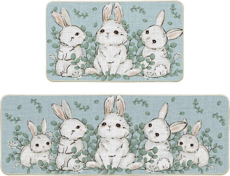 Photo 1 of Artoid Mode Eucalyptus Bunny Rabbit Easter Kitchen Mats Set of 2, Spring Home Decor Low-Profile Kitchen Rugs for Floor - 17x29 and 17x47 Inch
