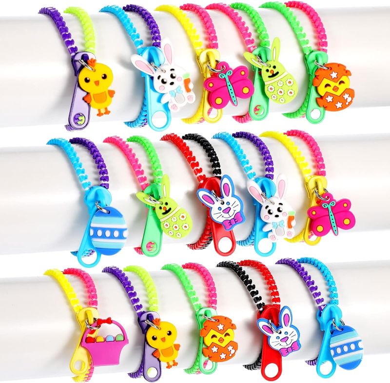 Photo 1 of 40 Pieces Egg Fillers Bunny Zipper Bracelets Party Favors Fidget Kids Stress Relief Bracelets Goodie Bag Fillers Basket Stuffers for Students Friendship Bracelet
