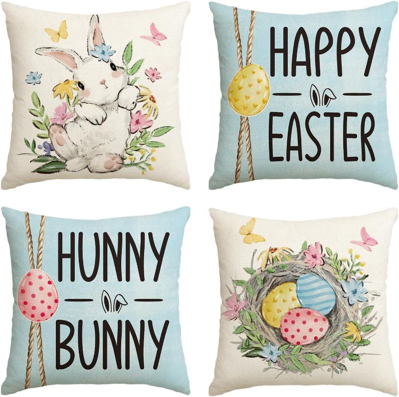 Photo 1 of AVOIN colorlife Happy Easter Hunny Bunny Throw Pillow Covers, 18 x 18 Inch Easter Eggs Rabbit Bule Cushion Case Decoration for Sofa Couch Set of 4
