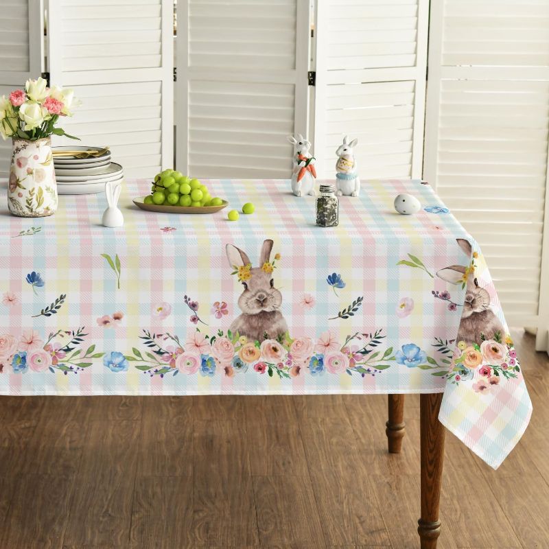Photo 1 of Horaldaily Easter Tablecloth 60×60 Inch, Colorful Spring Flower Buffalo Plaid Bunny Washable Table Cover for Party Picnic Dinner Decor
