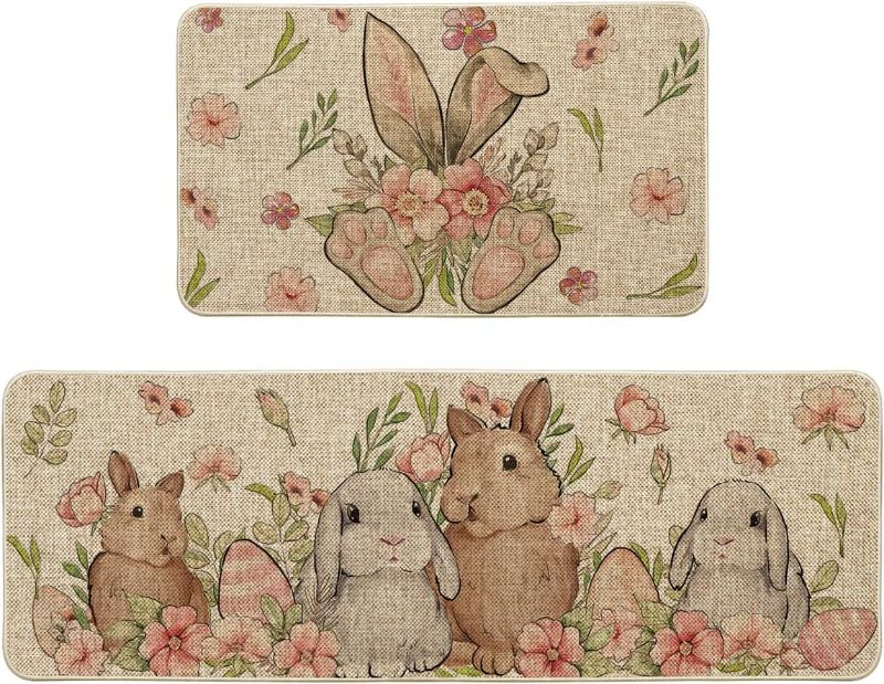 Photo 1 of Artoid Mode Floral Eggs Bunny Rabbits Easter Kitchen Mats Set of 2, Spring Home Decor Low-Profile Kitchen Rugs for Floor - 17x29 and 17x47 Inch
