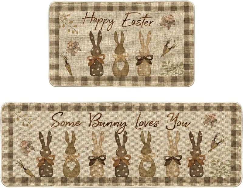Photo 1 of Artoid Mode Wood Buffalo Plaid Carrots Rabbit Bunny Happy Easter Kitchen Mats Set of 2, Spring Home Decor Low-Profile Kitchen Rugs for Floor - 17x29 and 17x47 Inch
