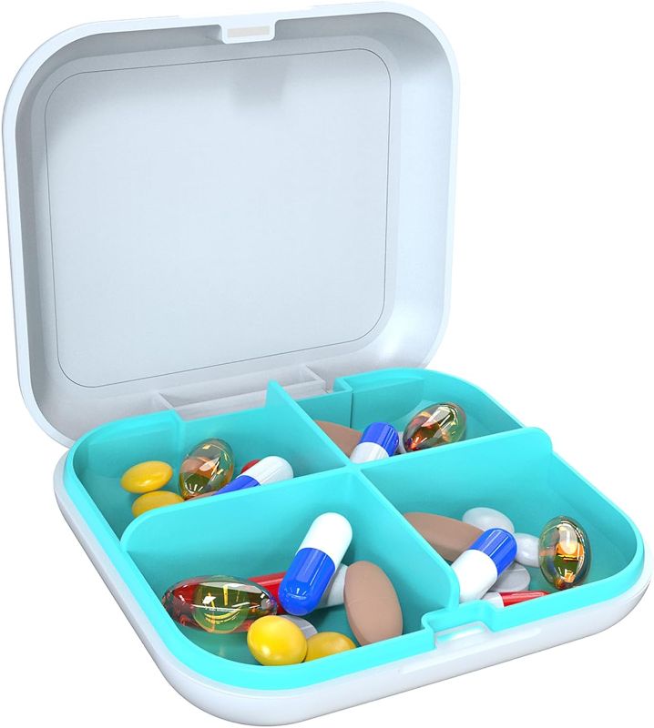Photo 1 of Pill Box Portable Pill Dispensing Box, Travel Portable Pill Box, 4-Compartment Daily Portable Pill Organizer, Suitable for Vitamins, Medicines, Fish Oil (White+Cyan)
