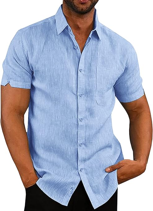 Photo 1 of Mens Button Down Shirts Casual Short Sleeve Linen Tops Cotton Lightweight Fishing Tees Spread Collar Plain Shirt, XXL
