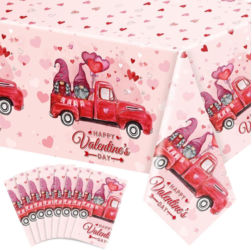 Photo 1 of 8 Pcs Valentine's Day Table Cloth 54 x 108 Inch Plastic Valentines Rectangle Tablecloth Love Heart Table Cover for Party Holiday Wedding Anniversary Kitchen Decorations (Truck and Gnomes)
